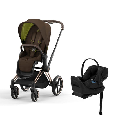 Cybex Priam4 Stroller and Cloud G Lux Infant Car Seat Travel System - Rose Gold / Khaki Green / Moon Black