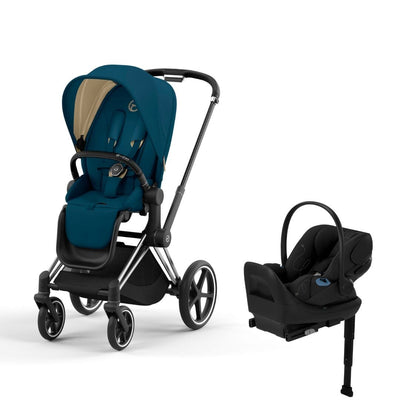 Cybex Priam4 Stroller and Cloud G Lux Infant Car Seat Travel System - Chrome Black / Mountain Blue / Moon Black