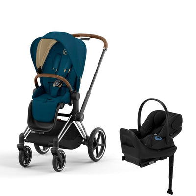 Cybex Priam4 Stroller and Cloud G Lux Infant Car Seat Travel System - Chrome Brown / Mountain Blue / Moon Black