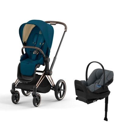 Cybex Priam4 Stroller and Cloud G Lux Infant Car Seat Travel System - Rose Gold / Mountain Blue / Monument Grey