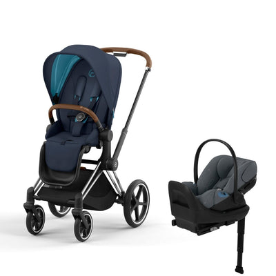Cybex Priam4 Stroller and Cloud G Lux Infant Car Seat Travel System - Chrome Brown / Nautical Blue / Monument Grey