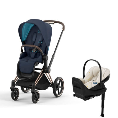 Cybex Priam4 Stroller and Cloud G Lux Infant Car Seat Travel System - Rose Gold / Nautical Blue / Seashell Beige
