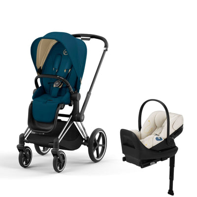 Cybex Priam4 Stroller and Cloud G Lux Infant Car Seat Travel System - Chrome Black / Mountain Blue / Seashell Beige