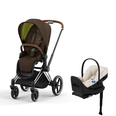 Cybex Priam4 Stroller and Cloud G Lux Infant Car Seat Travel System - Chrome Brown / Khaki Green / Seashell Beige