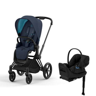 Cybex Priam4 Stroller and Cloud G Lux Infant Car Seat Travel System - Matte Black / Nautical Blue / Moon Black