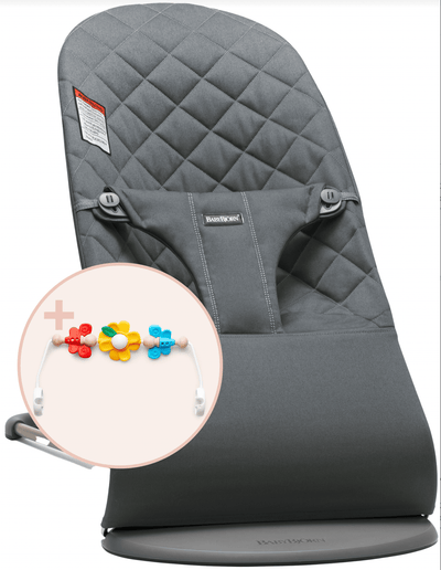 BabyBjörn Bouncer Bliss and Flying Friends Toy Bar Bundle - Anthracite Quilted Cotton