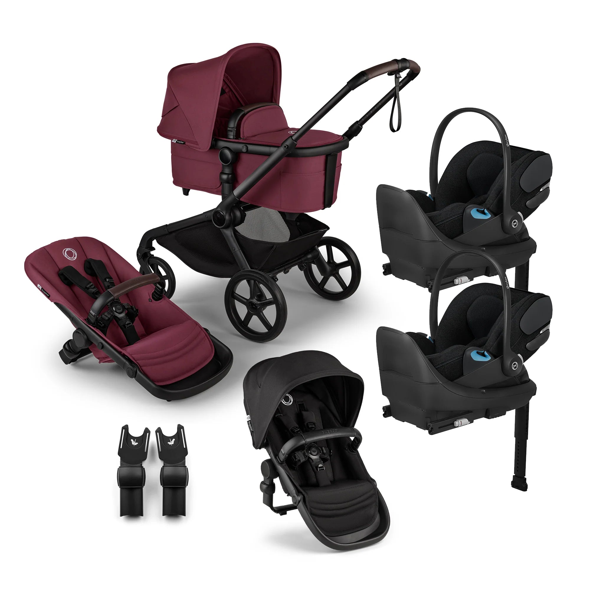 Bugaboo Kangaroo Complete Stroller + Sibling Seat + CYBEX Cloud T SensorSafe Infant Car Seat Twin Travel System