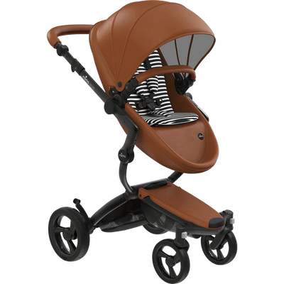 Mima Xari 4G Complete Stroller with Car Seat Adapters - Black Chassis / Camel Seat / Black & White Fabric