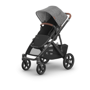 Greyson Charcoal Melange UPPAbaby Vista V3 Stroller with Tan Leather Handle - 3/4 Left Angle View | Strolleria