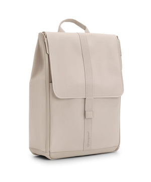 Desert Taupe Bugaboo Changing Backpack - 3/4 Angle View Showing Flap Closure & Top Handle | Strolleria