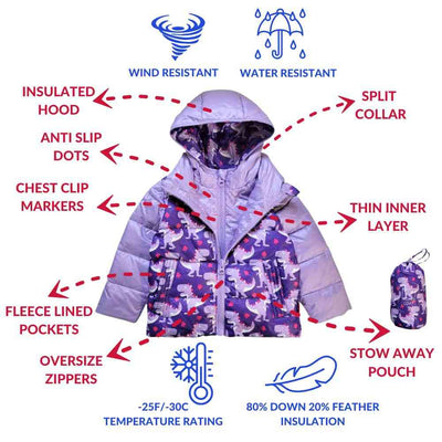 Onekid Car Seat Coat | The Road Coat Down - Purple Raptor Print