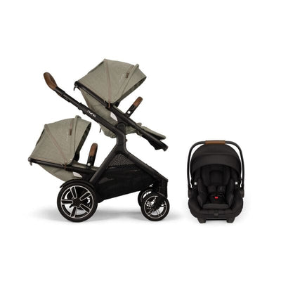 Nuna DEMI Next with Rider Board Double Stroller and PIPA Aire RX Travel System - Hazelwood / Caviar