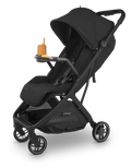 Black UPPAbaby Minu V3 Stroller with Snack Tray - Three-Quarter View | Strolleria