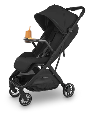 Black UPPAbaby Minu V3 Stroller with Snack Tray - Three-Quarter View | Strolleria