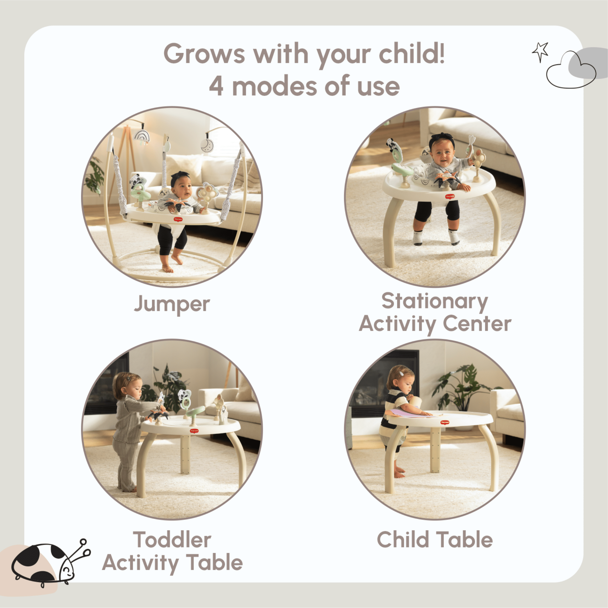 Tiny Love Black & White 4-in-1 Jump & Play Stationary Activity Center- Strolleria