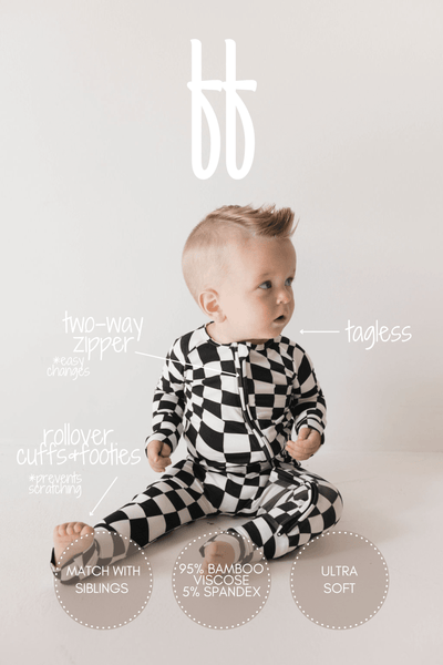 Forever French Baby - Bamboo Zip Pajamas | Black & White Wavy Checkerboard