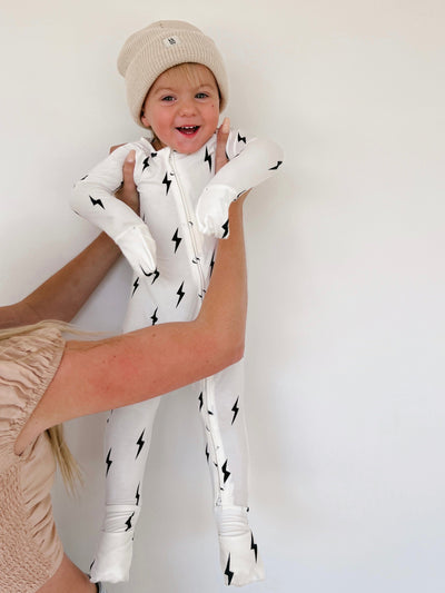 Forever French Baby - Bamboo Zip Pajamas | White & Black Lightning Bolt