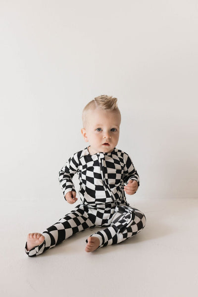 Forever French Baby - Bamboo Zip Pajamas | Black & White Wavy Checkerboard