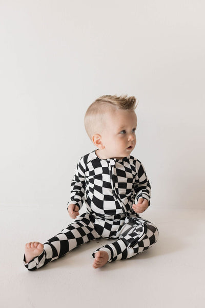 Forever French Baby - Bamboo Zip Pajamas | Black & White Wavy Checkerboard