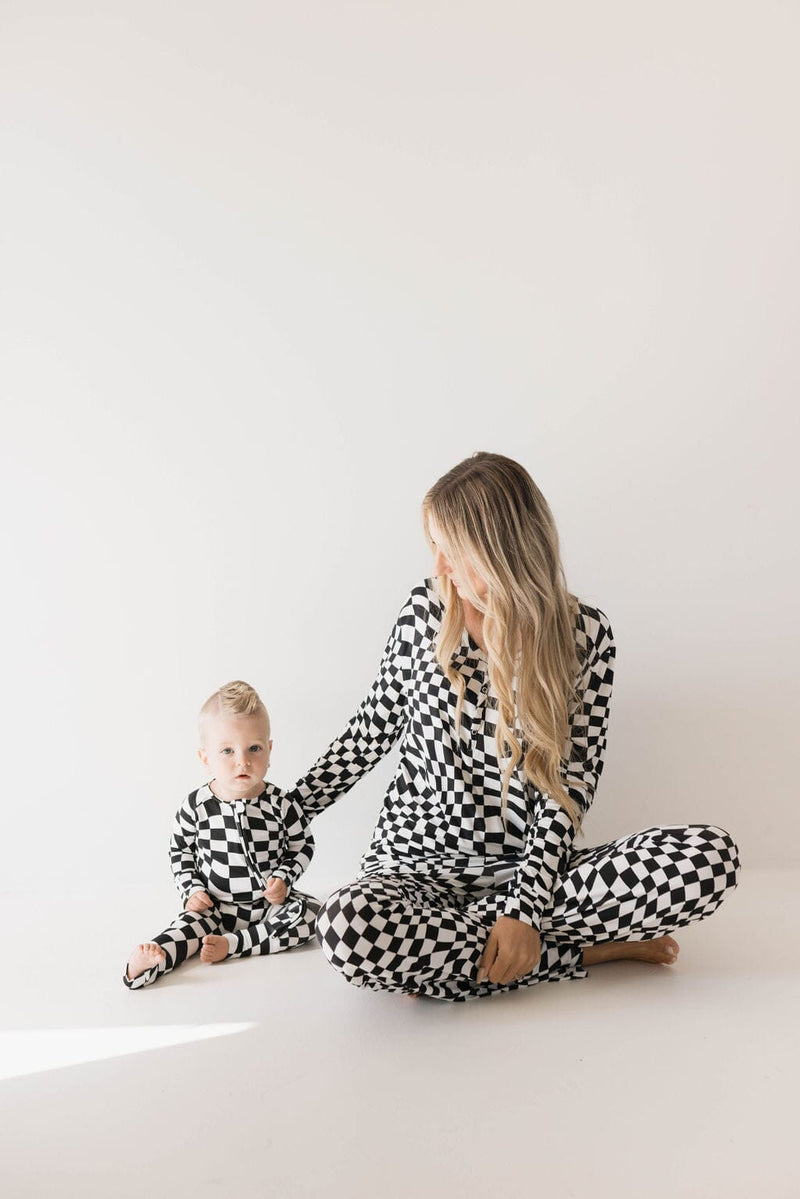 Forever French Baby - Bamboo Zip Pajamas | Black & White Wavy Checkerboard