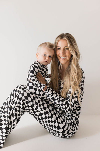 Forever French Baby - Bamboo Zip Pajamas | Black & White Wavy Checkerboard