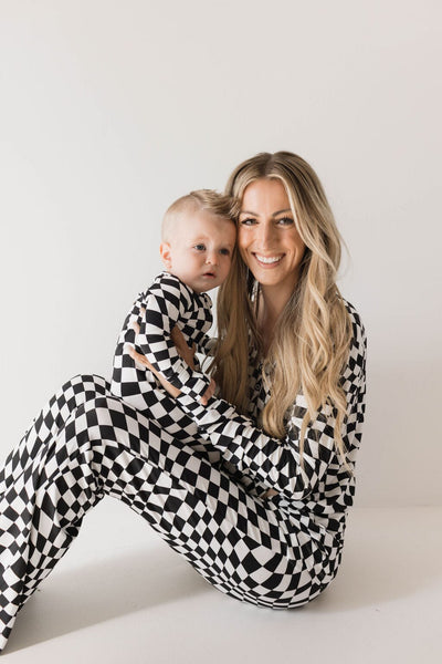 Forever French Baby - Bamboo Zip Pajamas | Black & White Wavy Checkerboard