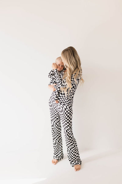 Forever French Baby - Bamboo Zip Pajamas | Black & White Wavy Checkerboard