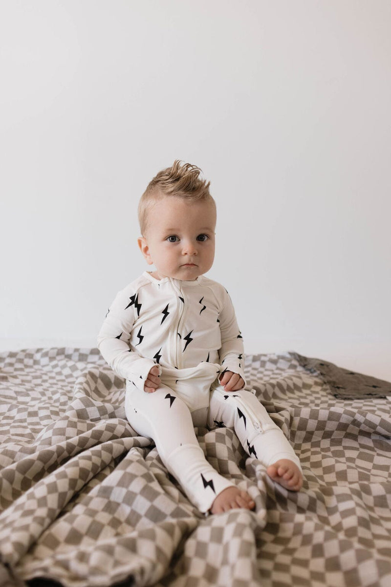 Forever French Baby - Bamboo Zip Pajamas | White & Black Lightning Bolt