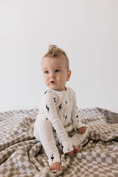 Forever French Baby - Bamboo Zip Pajamas | White & Black Lightning Bolt