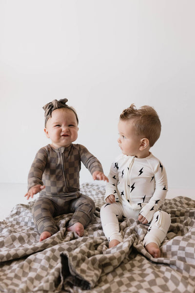 Forever French Baby - Bamboo Zip Pajamas | White & Black Lightning Bolt