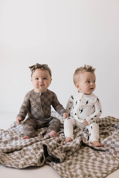 Forever French Baby - Bamboo Zip Pajamas | White & Black Lightning Bolt