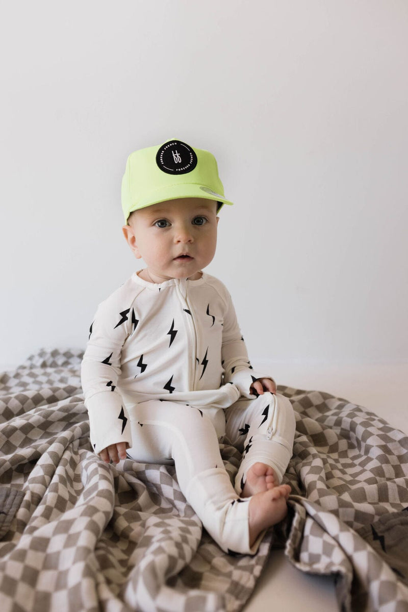 Forever French Baby - Bamboo Zip Pajamas | White & Black Lightning Bolt