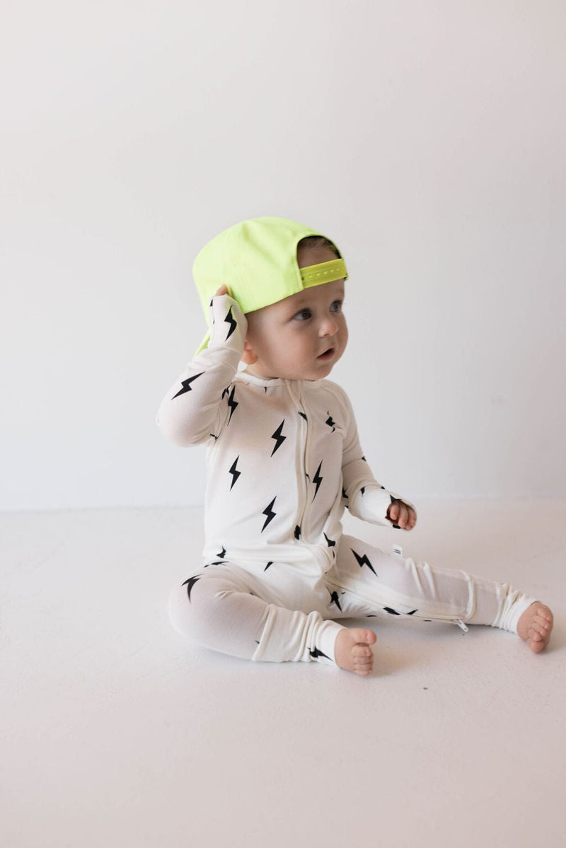 Forever French Baby - Bamboo Zip Pajamas | White & Black Lightning Bolt