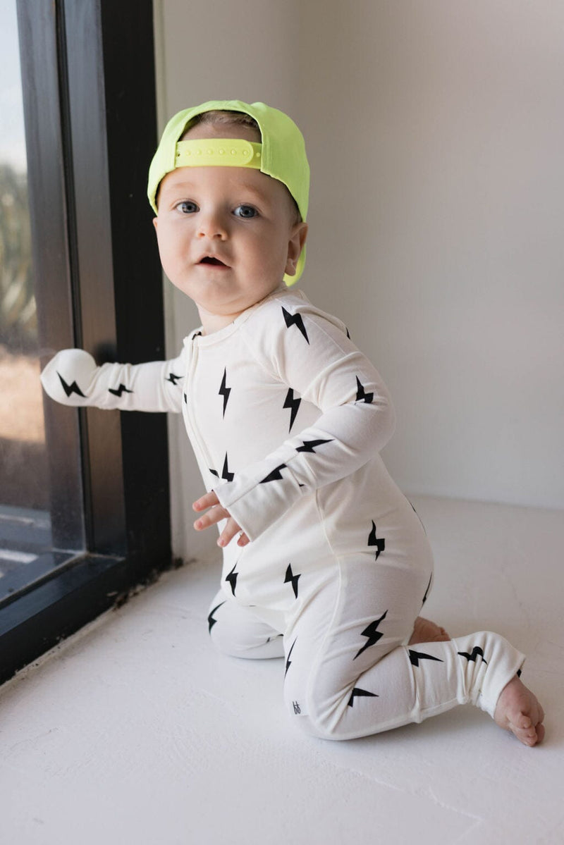 Forever French Baby - Bamboo Zip Pajamas | White & Black Lightning Bolt