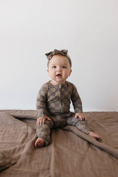 Forever French Baby - Bamboo Zip Pajamas | Faded Brown Checkerboard