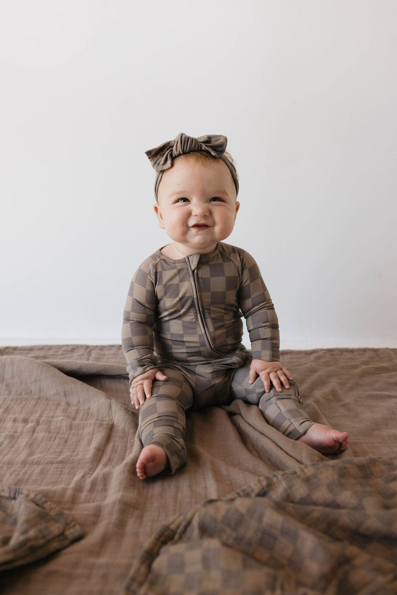 Forever French Baby - Bamboo Zip Pajamas | Faded Brown Checkerboard