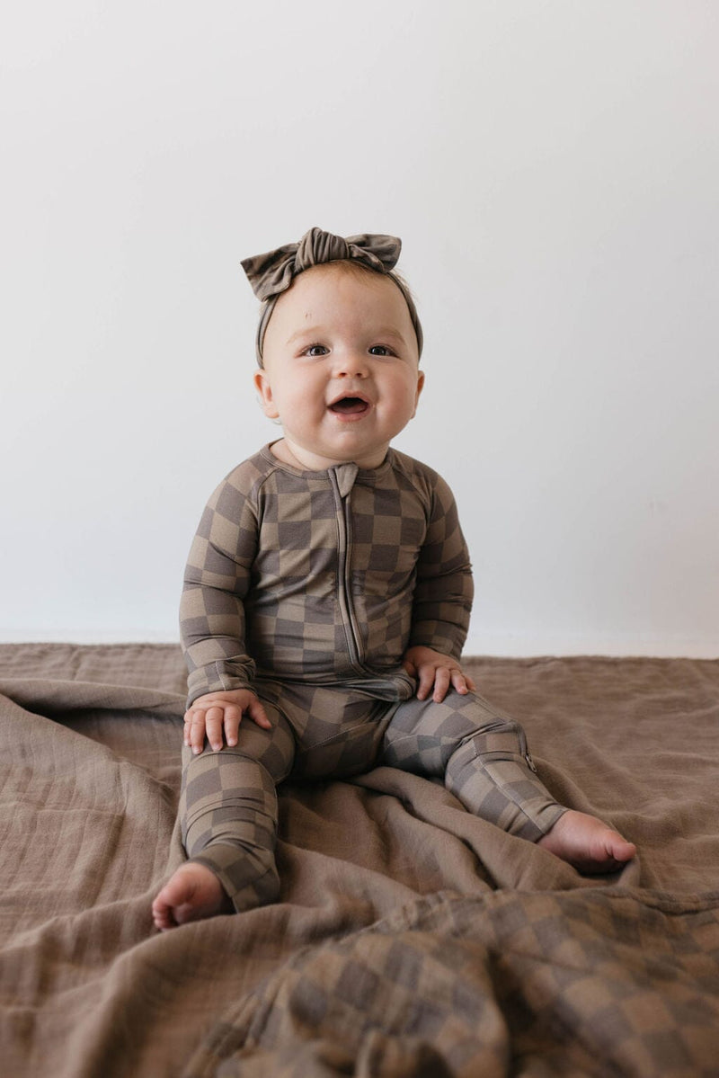 Forever French Baby - Bamboo Zip Pajamas | Faded Brown Checkerboard