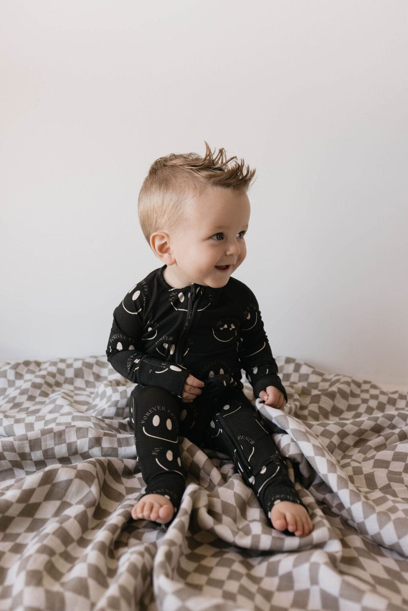 Forever French Baby - Bamboo Zip Pajamas | Charcoal & White ff Smile