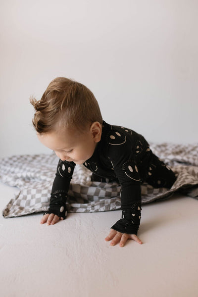 Forever French Baby - Bamboo Zip Pajamas | Charcoal & White ff Smile