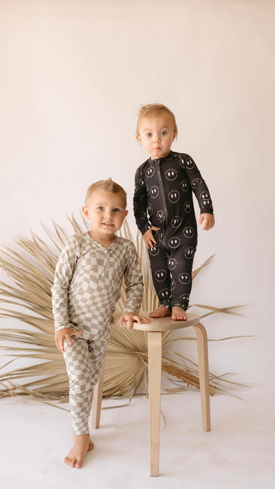 Forever French Baby - Bamboo Zip Pajamas | Charcoal & White ff Smile