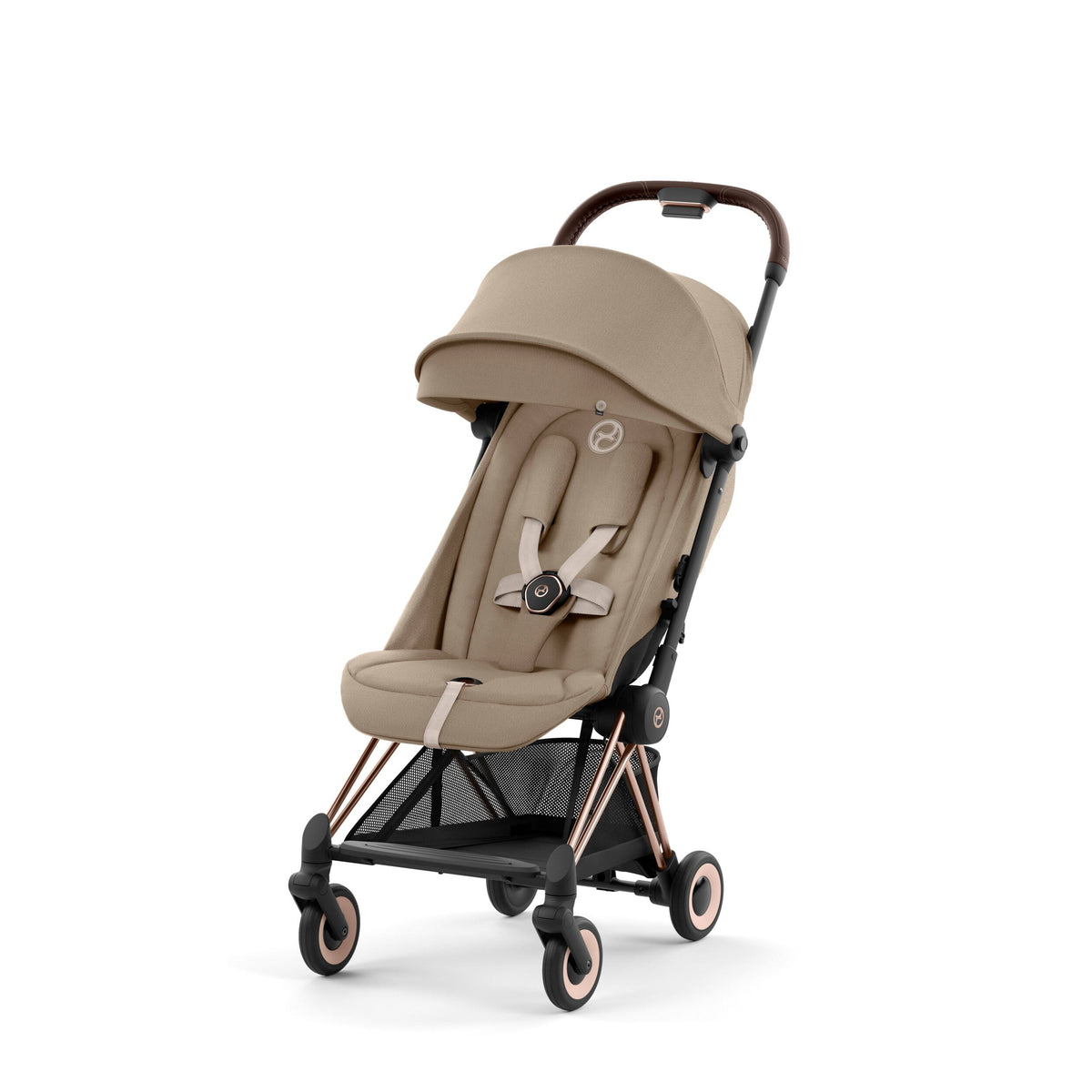 Cozy Beige CYBEX COYA Travel Stroller with Rose Gold Frame - Front Angle | Strolleria