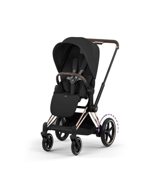 Sepia Black CYBEX e-PRIAM Electric Stroller Rose Gold Frame - Front Angle View | Strolleria