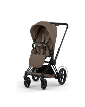 Coconut Brown CYBEX e-PRIAM Stroller Matte Black Frame - Front Angle View | Strolleria