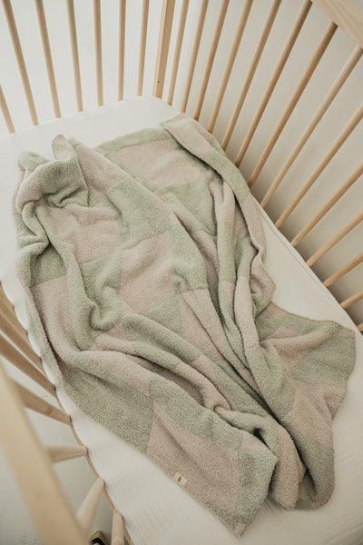 Forever French Baby - Plush Blanket  | Sage Wavy Checkerboard