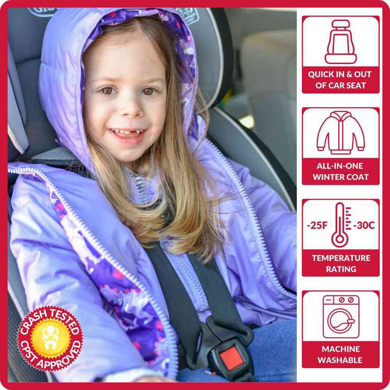 Onekid Car Seat Coat | The Road Coat Down - Purple Raptor Print