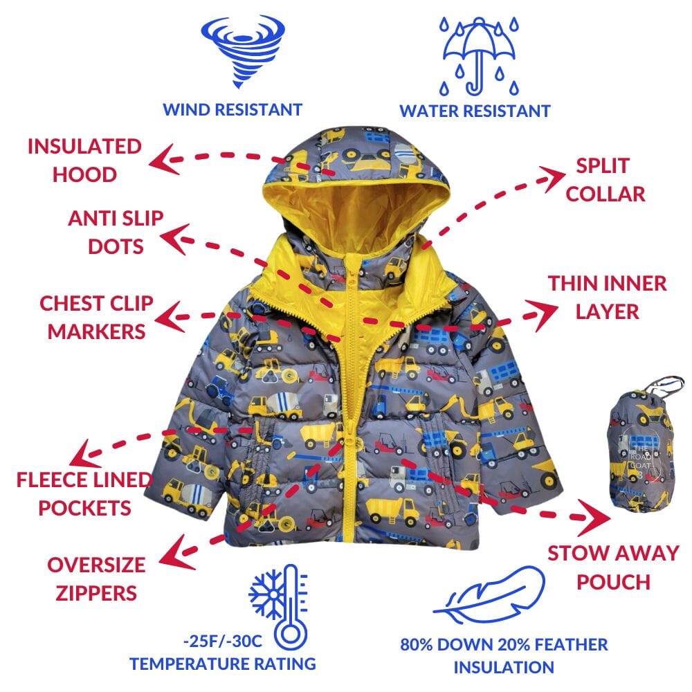 Onekid Car Seat Coat | The Road Coat Down - Construction Print- Strolleria