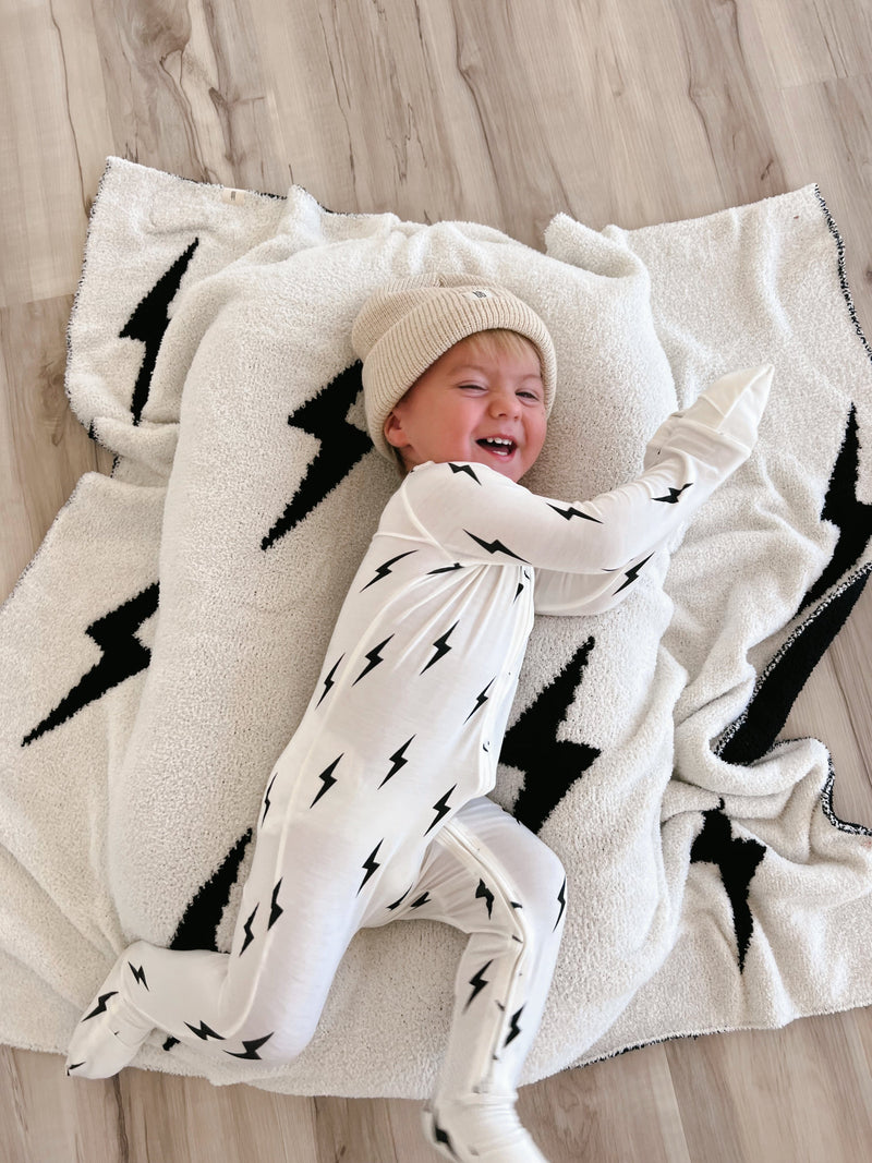 Forever French Baby - Bamboo Zip Pajamas | White & Black Lightning Bolt