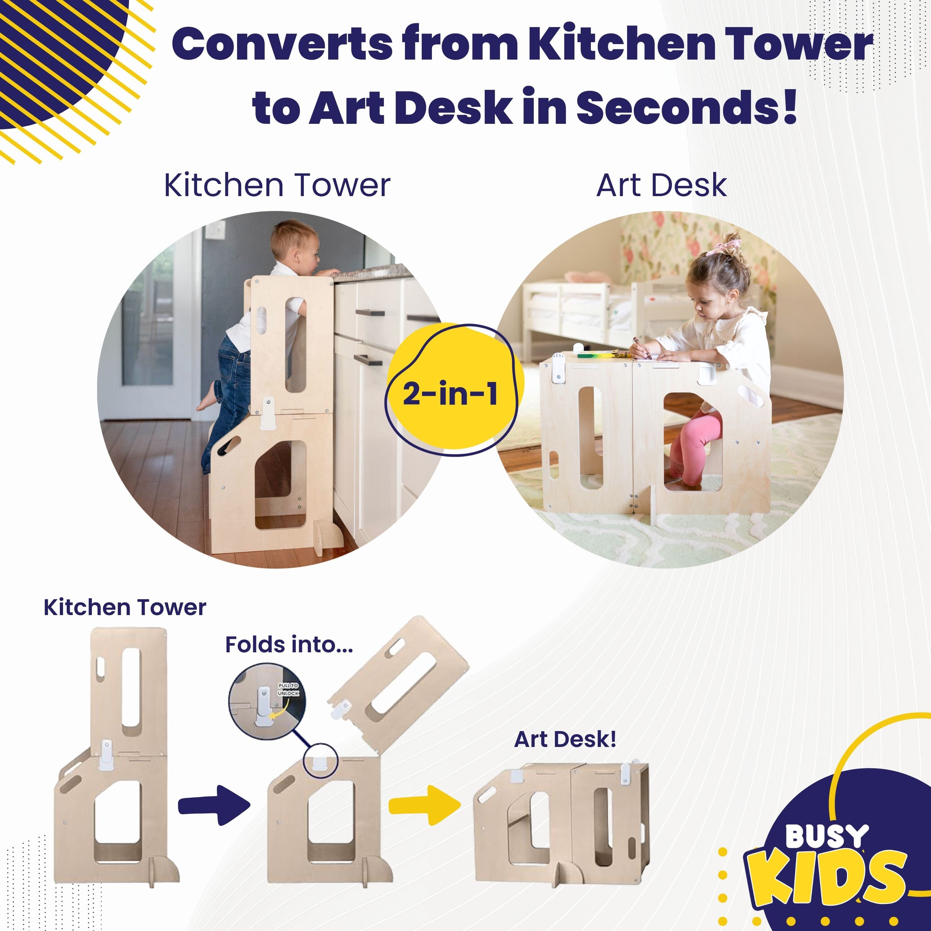 Busy Kids 2-In-1 Kitchen Tower and Kids Art Desk- Strolleria