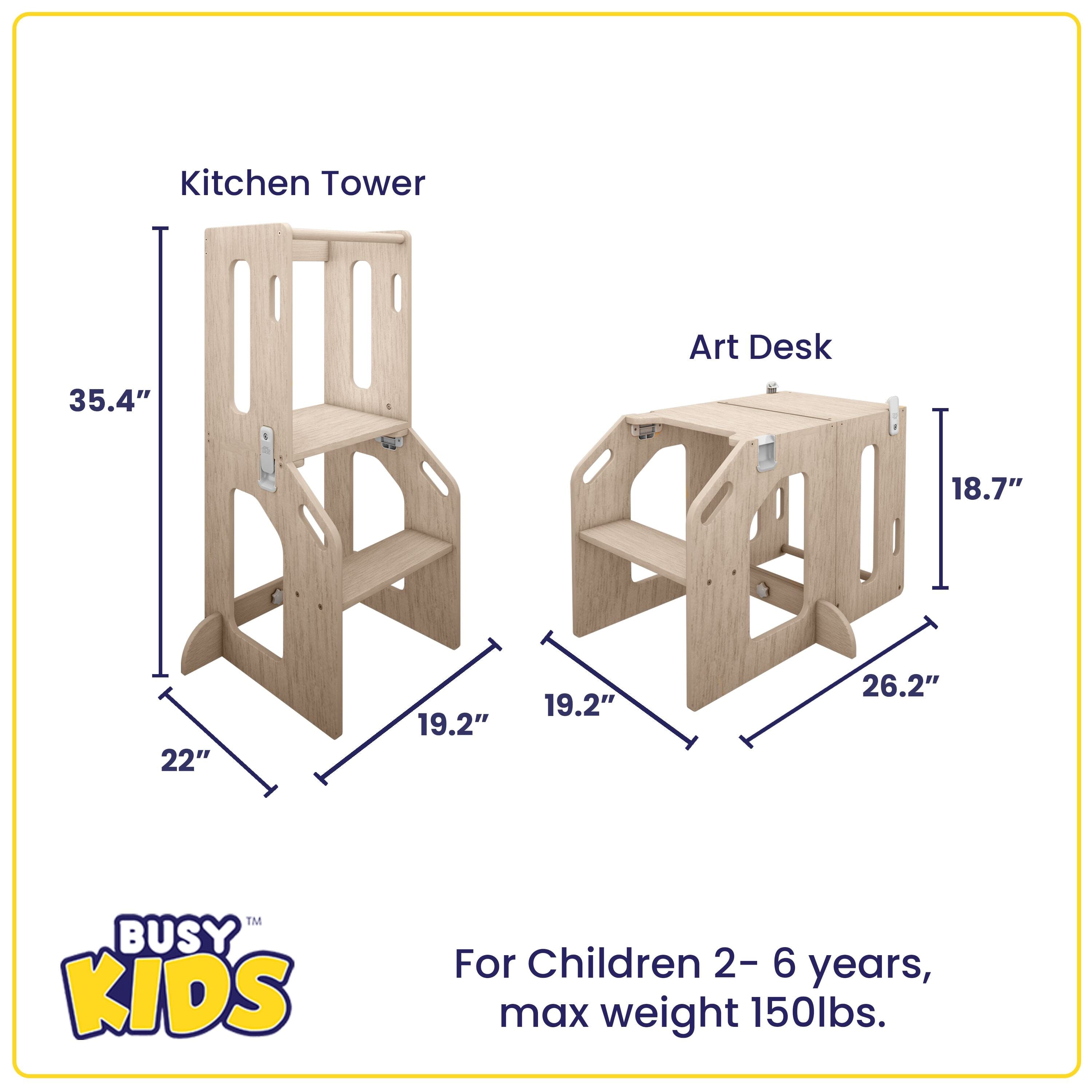 Busy Kids 2-In-1 Kitchen Tower and Kids Art Desk- Strolleria