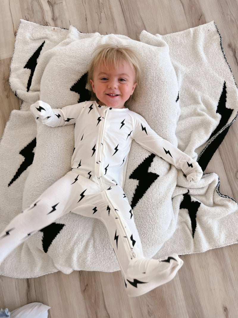 Forever French Baby - Bamboo Zip Pajamas | White & Black Lightning Bolt